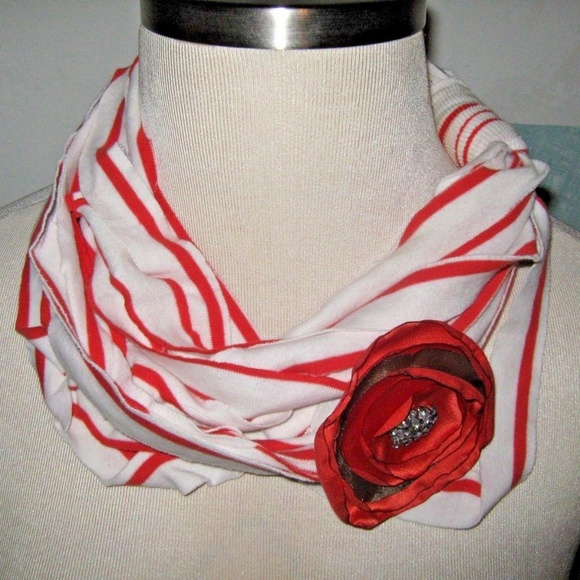 Accessories - White Orange Stripe Fabric Flower Scarf Accessory